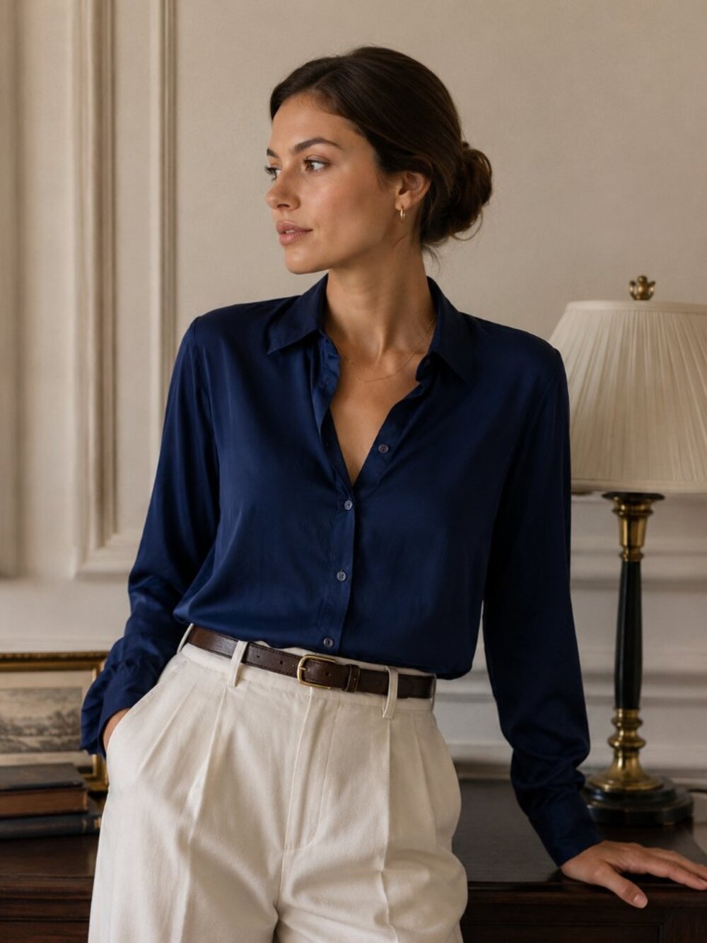 Vintage August Silk 100% Silk Blouse Women Size 8 Navy Blue Button Front Career